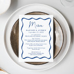 Modernes Blue Wavy Frame Wedding Menükarte<br><div class="desc">Fügen Sie Ihrer Verlobungsfeier,  dem Probe-Dinner oder dem Hochzeitsempfang eine Vintage Touch hinzu. Das Design zeigt die Namen der Paare,  das Hochzeitdatum und die Menüoptionen in fett blauer Schrift,  umgeben von einem blauen Rahmen mit einem weißen Hintergrund. Das Retro-Hochzeitsmenü koordiniert mit unserer Hochzeitskollektion Moderner Rahmen.</div>