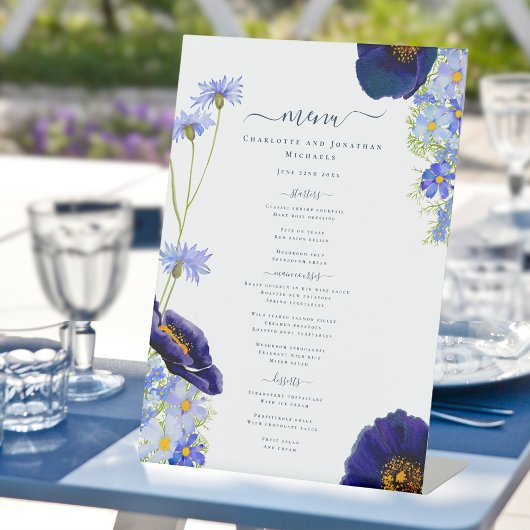 Modernes Blue Wedding Menu der Wildblume Sockelschild