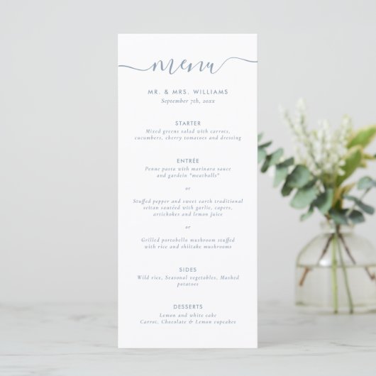 Modernes Blue Wedding Menu Menükarte (Stehend Vorderseite)