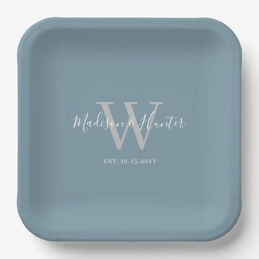 Modernes Blue Wedding Script Monogram Pappteller (Vorderseite)