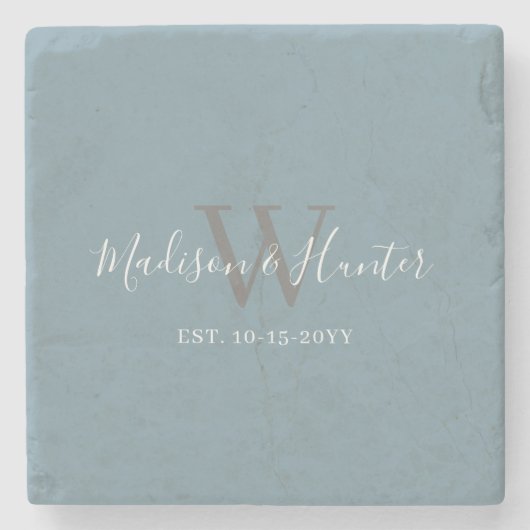 Modernes Blue Wedding Script Monogram Steinuntersetzer (Vorderseite)