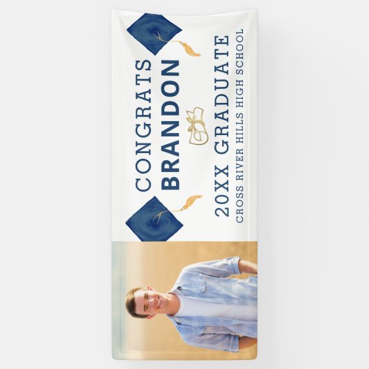 Modernes Blue White GLÜCKWUNSCHS GRADUATE Foto Banner (Vertikal)