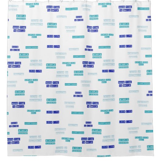 Modernes Blue White Liebe Life Embossed Labels Pat Duschvorhang (Vorderseite)