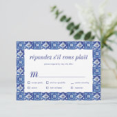 Modernes Blue White Mediterranean Wedding RSVP Mea Karte (Stehend Vorderseite)
