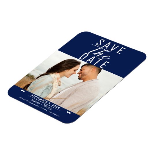Modernes Blue & White Save the Date Hochzeitsstift Magnet (Linke Seite)