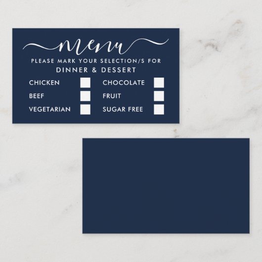 Modernes Blue & White Simple Script Menu Auswahl Begleitkarte (Vorne/Hinten)