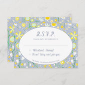 Modernes Blue Yellow Floral Wedding RSVP Begleitkarte (Vorne/Hinten)