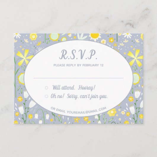 Modernes Blue Yellow Floral Wedding RSVP Begleitkarte (Vorderseite)