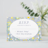 Modernes Blue Yellow Floral Wedding RSVP Begleitkarte (Stehend Vorderseite)