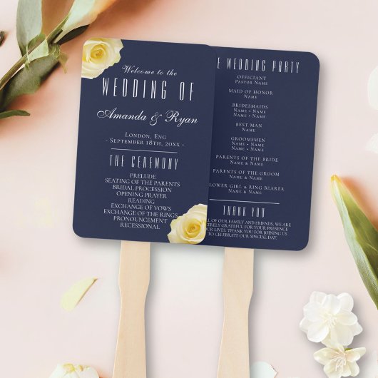 Modernes Blue Yellow Roses Script Wedding Programm Fächer