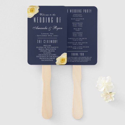 Modernes Blue Yellow Roses Script Wedding Programm Fächer (Vorne und Hinten)