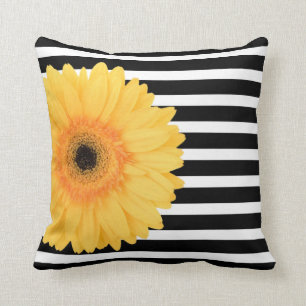 Modernes Blumen, B&W Stripes gelbes Gänseblümche Kissen