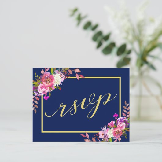 Modernes Blumen Navy Blue Gold Hochzeit RSVP Postkarte (Stehend Vorderseite)
