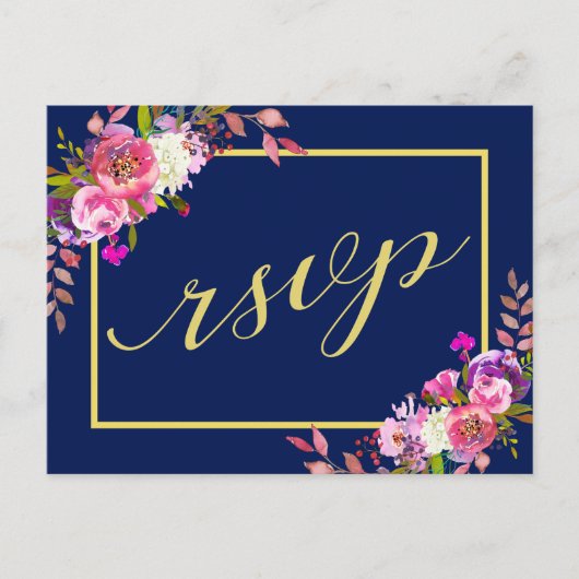 Modernes Blumen Navy Blue Gold Hochzeit RSVP Postkarte (Vorderseite)