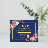 Modernes Blumen Navy Blue Gold Hochzeit RSVP Postkarte (Stehend Vorderseite)