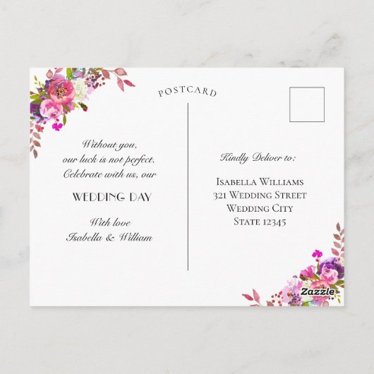 Modernes Blumen Navy Blue Gold Hochzeit RSVP Postkarte (Rückseite)
