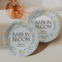 Modernes, blumenfarbenes Baby in der Blütendusche Pappteller