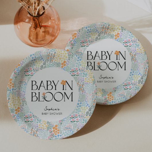 Modernes, blumenfarbenes Baby in der Blütendusche Pappteller