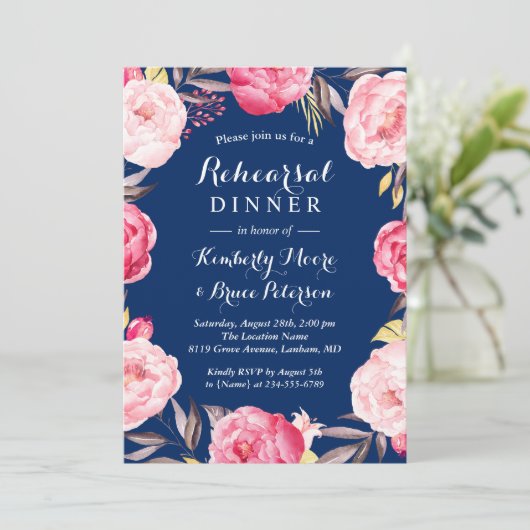 Modernes Blumengarten Navy Blue Probe Dinner Einladung (Stehend Vorderseite)