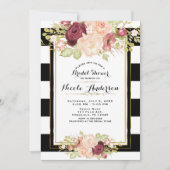 Modernes Blumenglam Schwarz-weiße Streifen Bridal Einladung (Vorderseite)