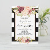 Modernes Blumenglas Schwarz-weiße Streifen Hochzei Einladung (Stehend Vorderseite)