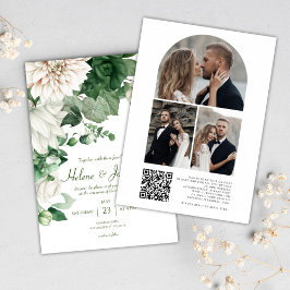 Modernes Blumenkode QR Foto Smaragdgrüne Hochzeit Einladung