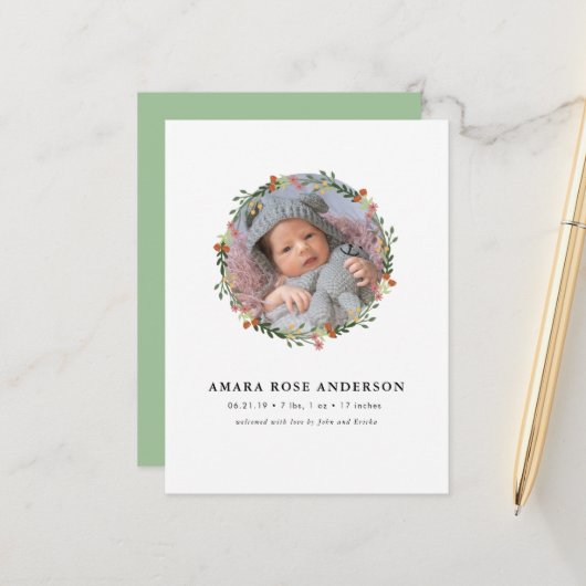 Modernes Blumenkraut-Foto - Geburtsankündigung Ankündigungspostkarte (Vorderseite/Rückseite Beispiel)