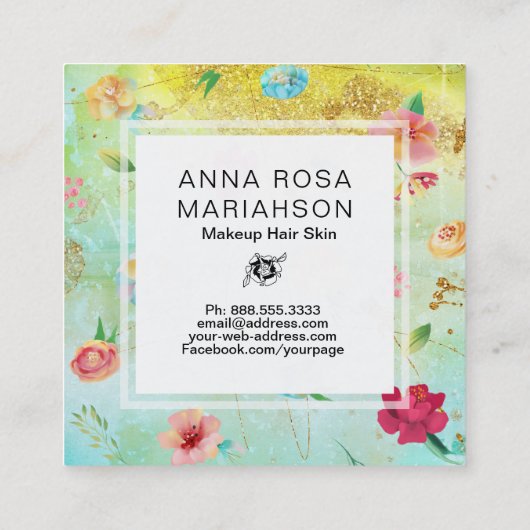 *~* Modernes Blumenmuster Gold Glitzer Quadratische Visitenkarte (Rückseite)