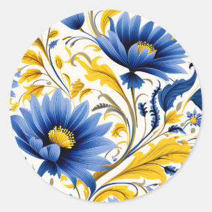 Modernes Blumenmuster mit blau und gelb Runder Aufkleber