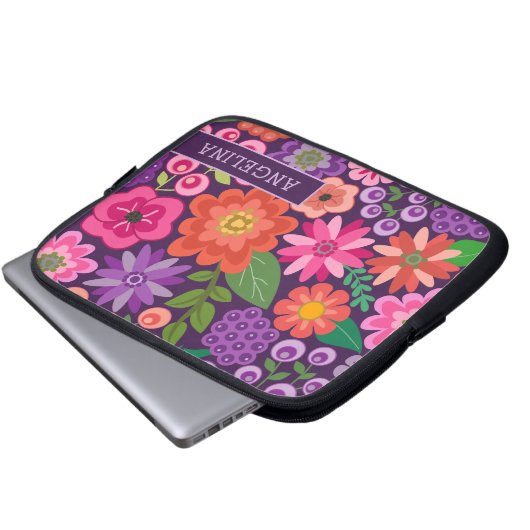 Modernes Blumenmuster mit Individuelle Name oder M Laptopschutzhülle (Vorne Knopf)