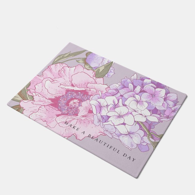 Modernes Blumenpeony Hydrangea Lila Pink Fußmatte (Schrägansicht)