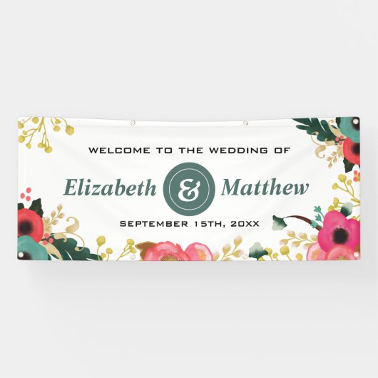 Modernes Blumenrosa Aquamarines Hochzeitsbanner Banner (Horizontal)