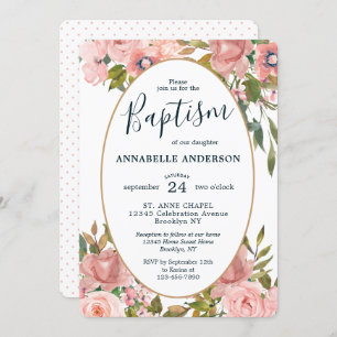 Modernes Blumenrosa erröten Goldgarten-Taufe Einladung