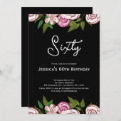 Modernes Blumenrosa Schwarz 60. Geburtstag Einladung (Vorne/Hinten)