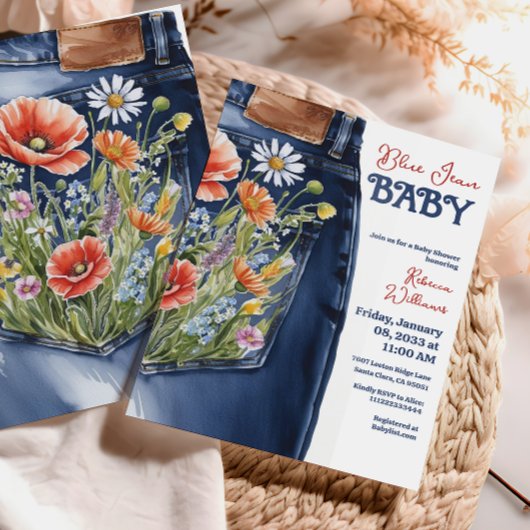 Modernes Blumenrot Denim Blue Jean Baby Dusche Einladung