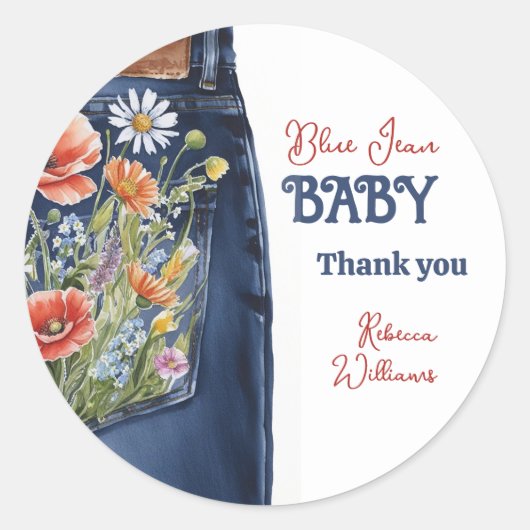 Modernes Blumenrot Denim Blue Jean Baby Dusche Runder Aufkleber (Vorderseite)
