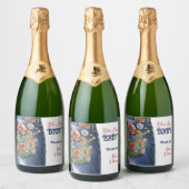 Modernes Blumenrot Denim Blue Jean Baby Dusche Schaumweinetikett (Flaschen)