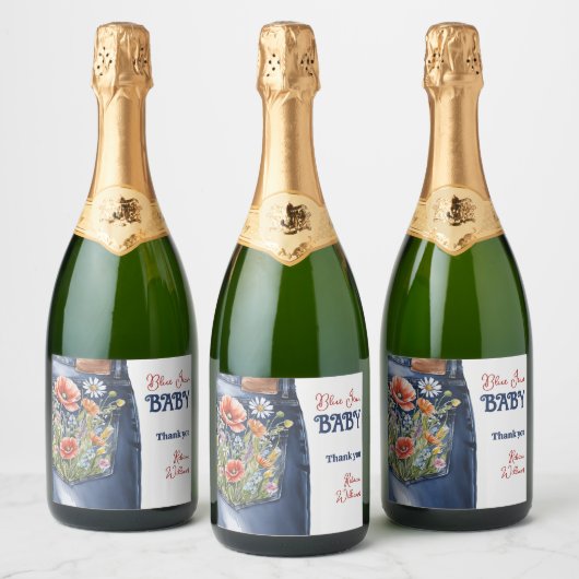 Modernes Blumenrot Denim Blue Jean Baby Dusche Schaumweinetikett (Flaschen)