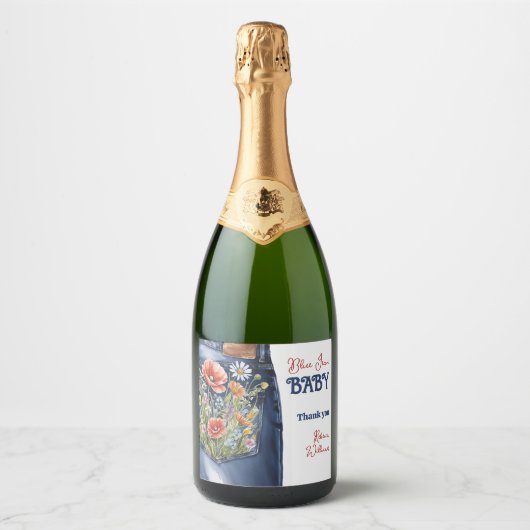 Modernes Blumenrot Denim Blue Jean Baby Dusche Schaumweinetikett (Vorderseite)