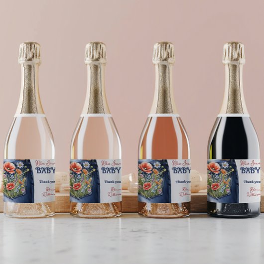 Modernes Blumenrot Denim Blue Jean Baby Dusche Schaumweinetikett