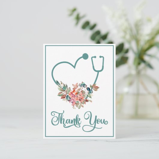 Modernes Blumenstethoskop Herzkrankheit Vielen Dan Postkarte (Stehend Vorderseite)