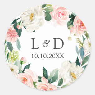 Modernes Blush Floral Wedding Classic Monogram Runder Aufkleber
