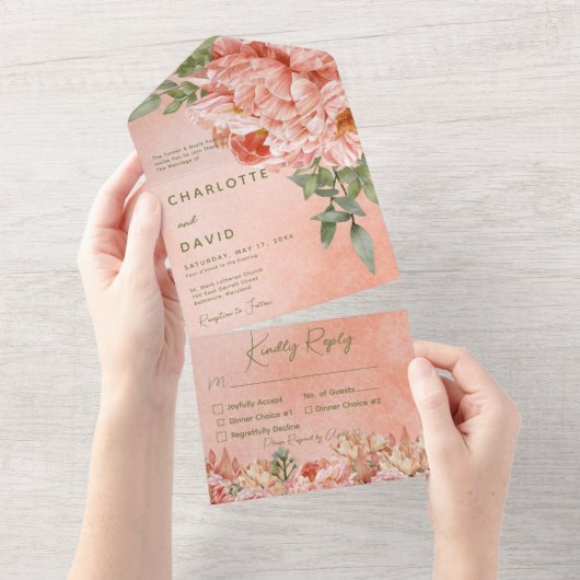 Modernes Blush Peach Peones Blumenessen All In One Einladung (Abreißen)