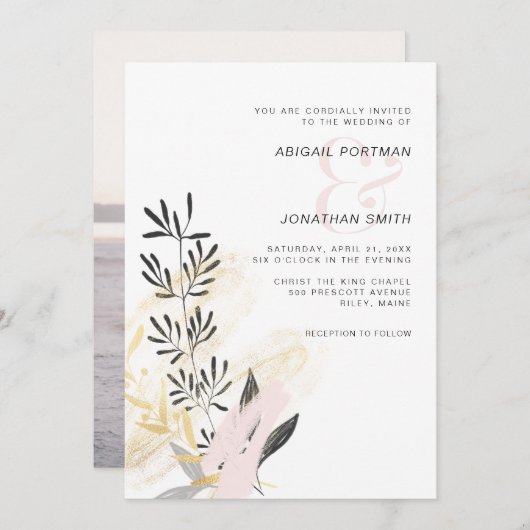 Modernes Blush und Black Botanical Wedding Foto Einladung (Vorne/Hinten)