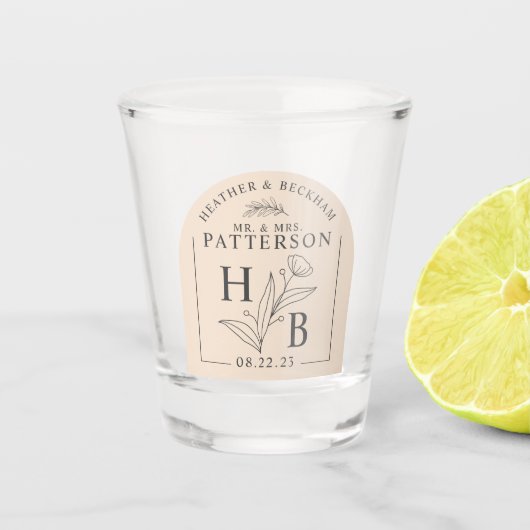 Modernes Blütenlaurel-Hochzeitsglas Schnapsglas (Vorderseite)