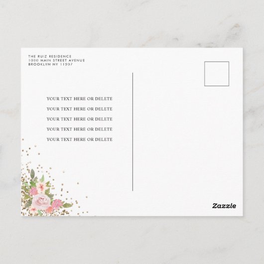 Modernes Blütenrosa Gold Tiara Quinceañera Postkarte (Rückseite)