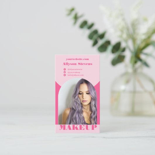 Modernes Bogen-Make-up Rosa Foto qr-Logo Visitenkarte (Stehend Vorderseite)