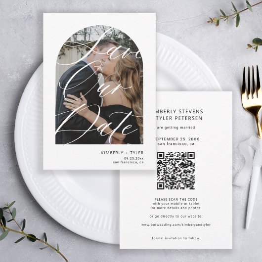 Modernes Bogen-Skript Foto QR CODE Hochzeit Save The Date