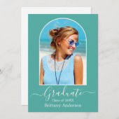 Modernes Bogenkalligrafie-Foto Aquamariner Abschlu Ankündigung (Vorne/Hinten)