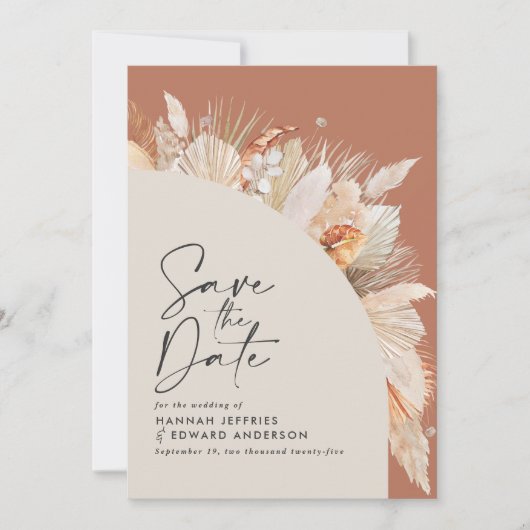 Modernes bohemianisches Terracotta Pampas Gras sti Save The Date (Vorderseite)